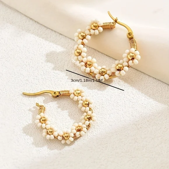Boho Stainless Steel Beaded Flower Hoop Earrings - Picture 2 of 4
